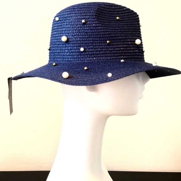 Navy Blue Straw Hat Pearl Studded Wide Brim Sun Hat Chic Resortwear NWT - Picture 3 of 9